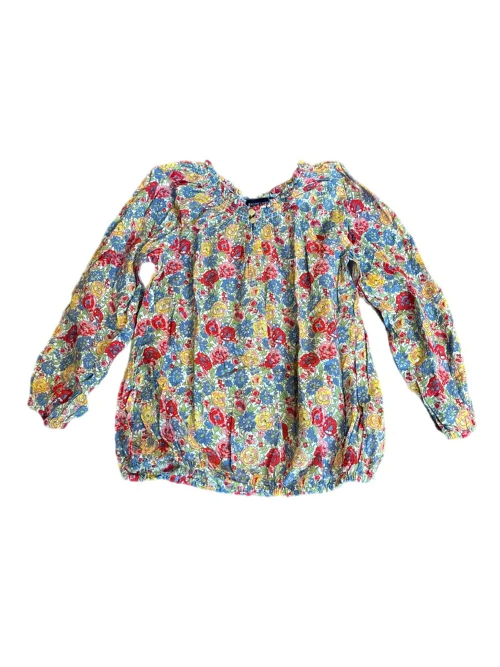 Ralph Lauren Multicolor Floral Peasant Blouse Gathered Neck Size 6 Cotton Garden